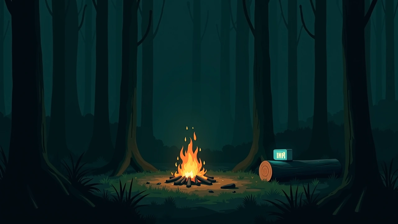 Illustration: A crackling campfire at night in a dark clearing, an EMF device glowing on a nearby log.