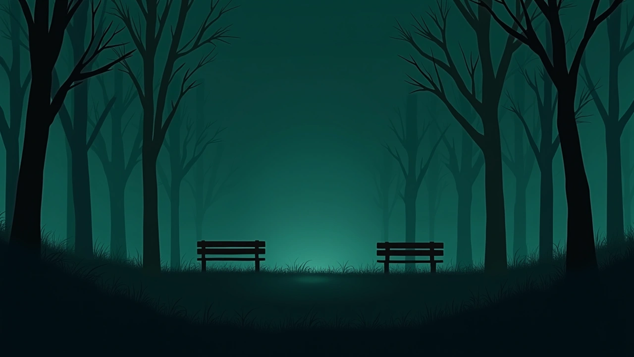 Illustration: an old, grassy park at dusk with bare tree silhouettes and empty benches.