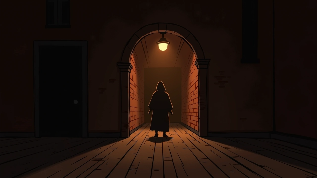 Illustration: A dim, old brick building interior at night, worn wooden floors, a faint uneasy chill in the air.