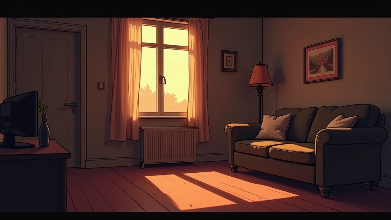 Illustration: a cozy living room in an older house, chilled afternoon light through a window.