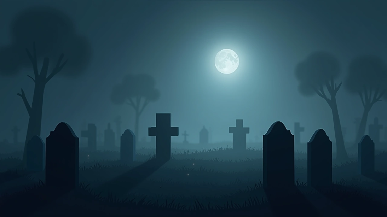 Illustration: a foggy cemetery at night with mist drifting between headstones.