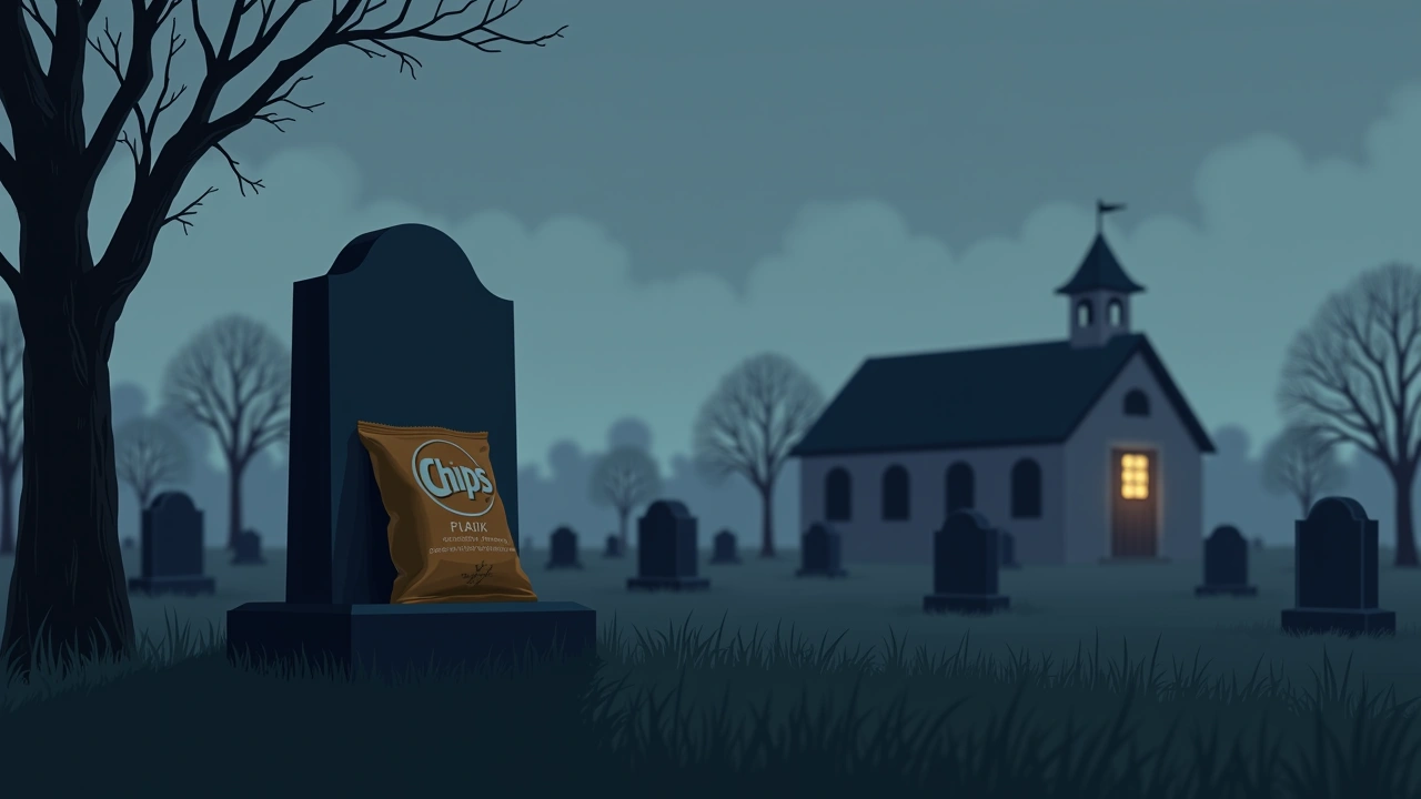 Illustration: a graveyard beside a school at dusk, a bag of chips resting on a headstone.