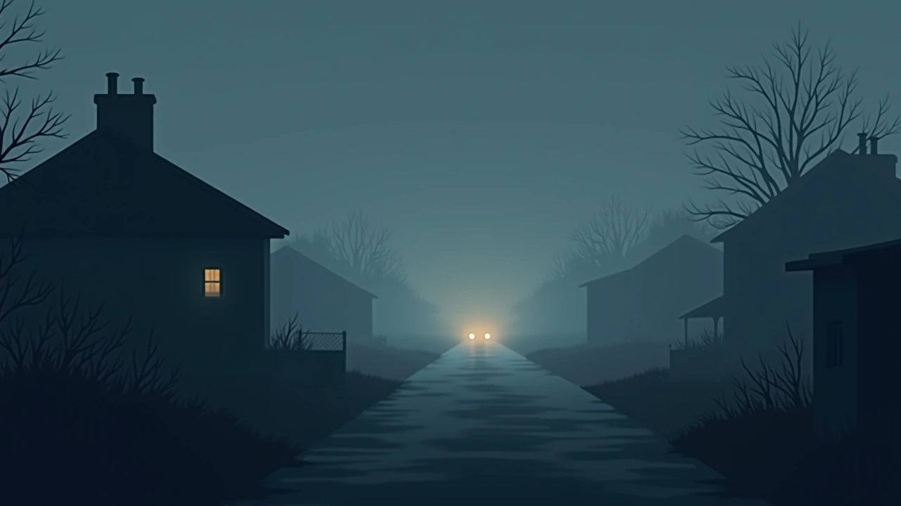 Illustration: a foggy motorway visible in the distance from a house at night.