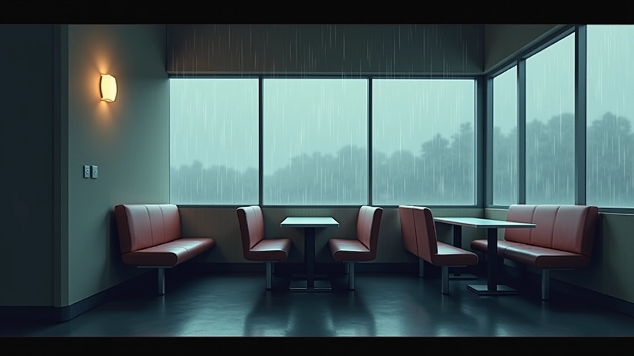 Illustration: An empty fast-food dining booth beside a rain-streaked window.