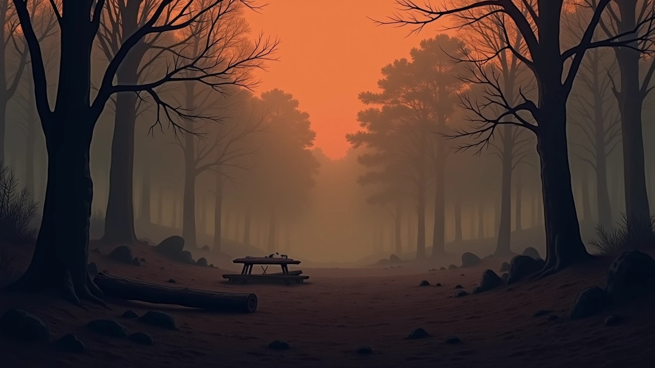 Illustration: a foggy forest clearing scattered with fallen wood and picnic debris.