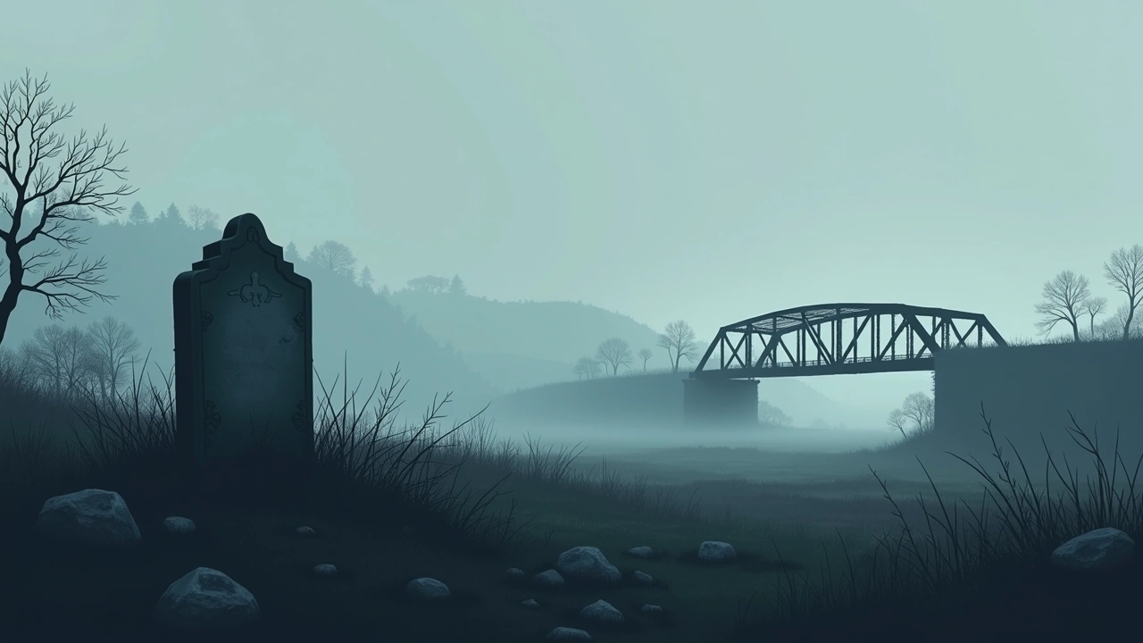 Illustration: An old stone grave marker in an overgrown field near a weathered iron bridge.