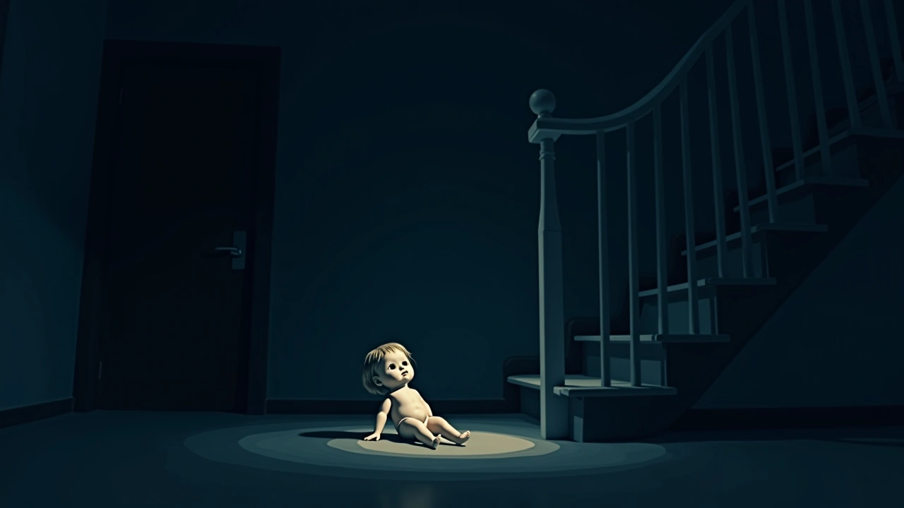 Illustration: A child's doll set on a bedroom floor near a staircase, dim evening light.
