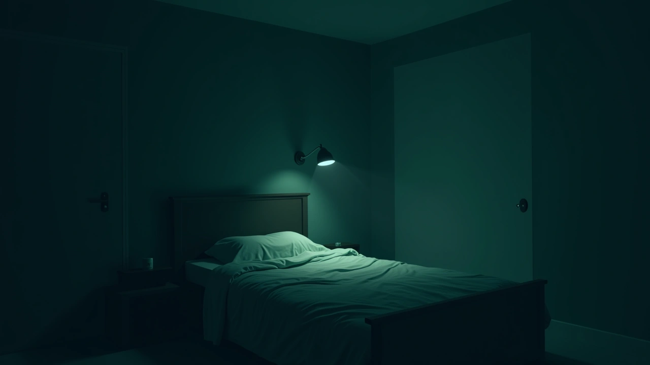 Illustration: a dim bedroom at night with an unmade bed and shadows along the wall.