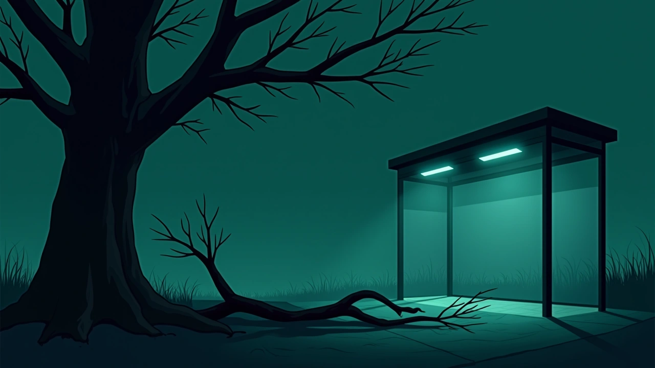Illustration: a broken tree branch on the ground beneath bare branches at dusk, near a bus stop.