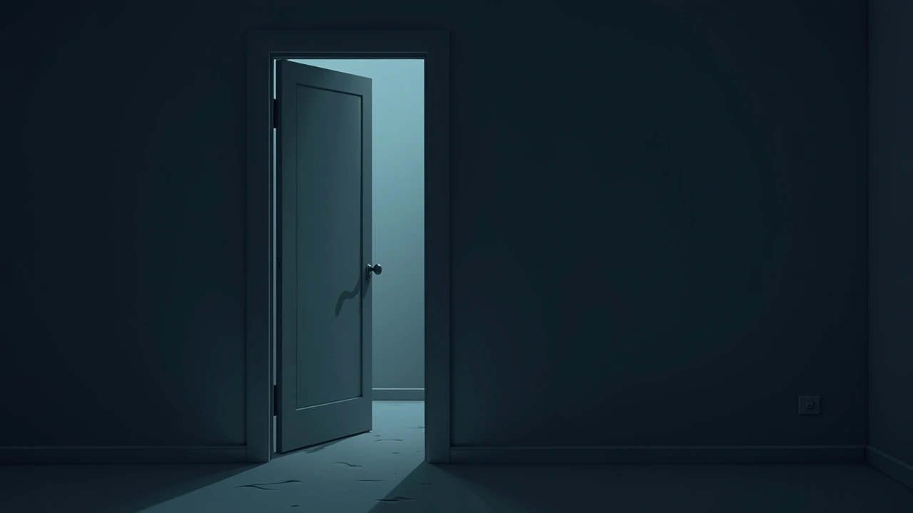 Illustration: a closet door slightly ajar in a dim bedroom.