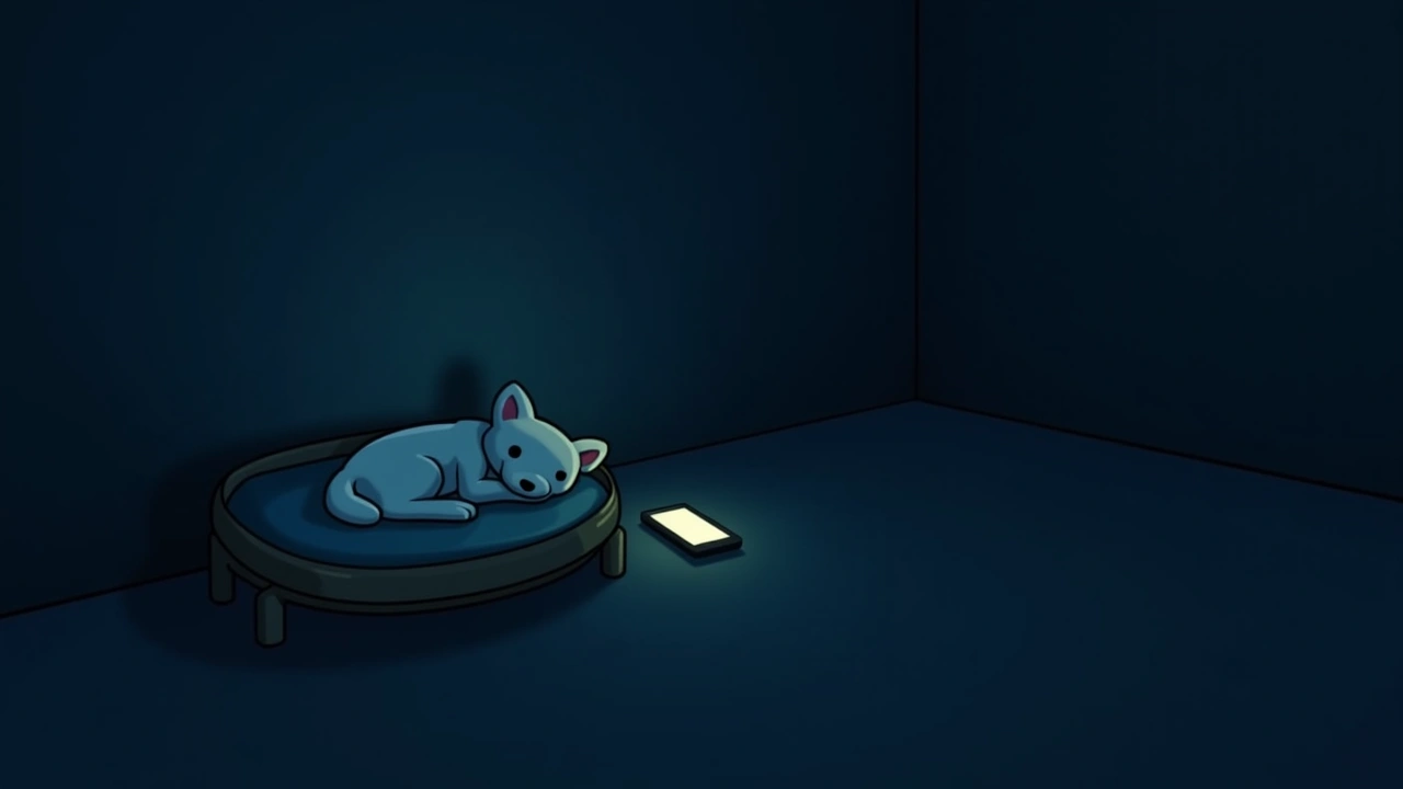 Illustration: a phone glowing in a dim room beside an empty dog bed at night.
