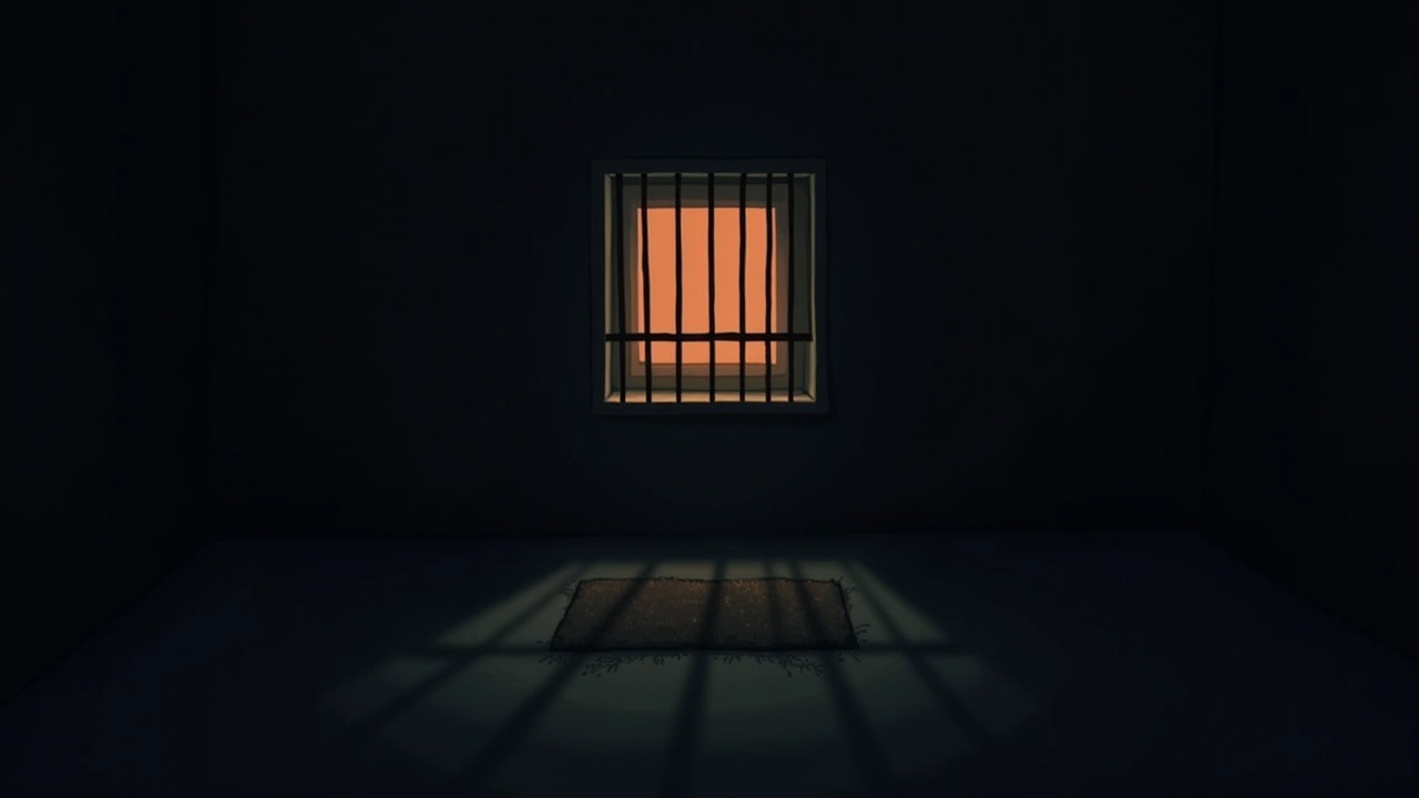 Illustration: a barred ground-floor bathroom window looking onto a small rectangular lawn.