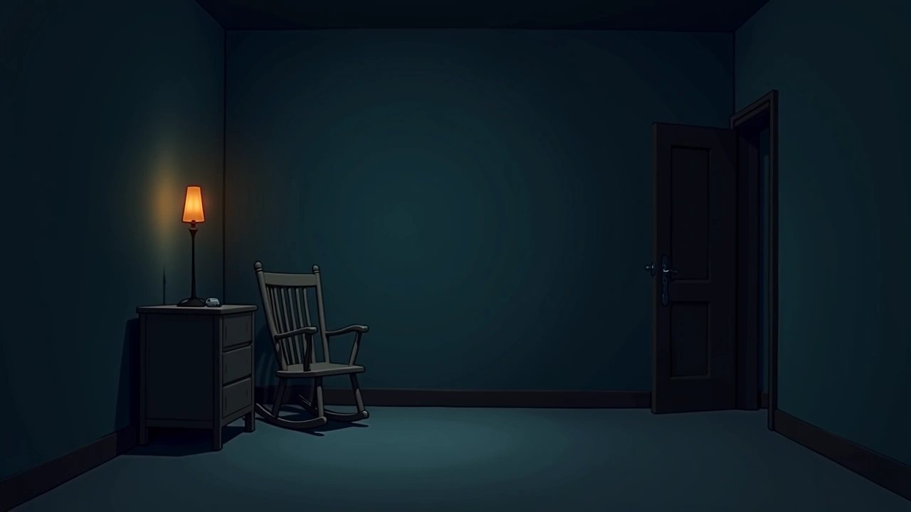 Illustration: A softly lit nursery-style room at night with a single empty rocking chair and a faint blue glow.
