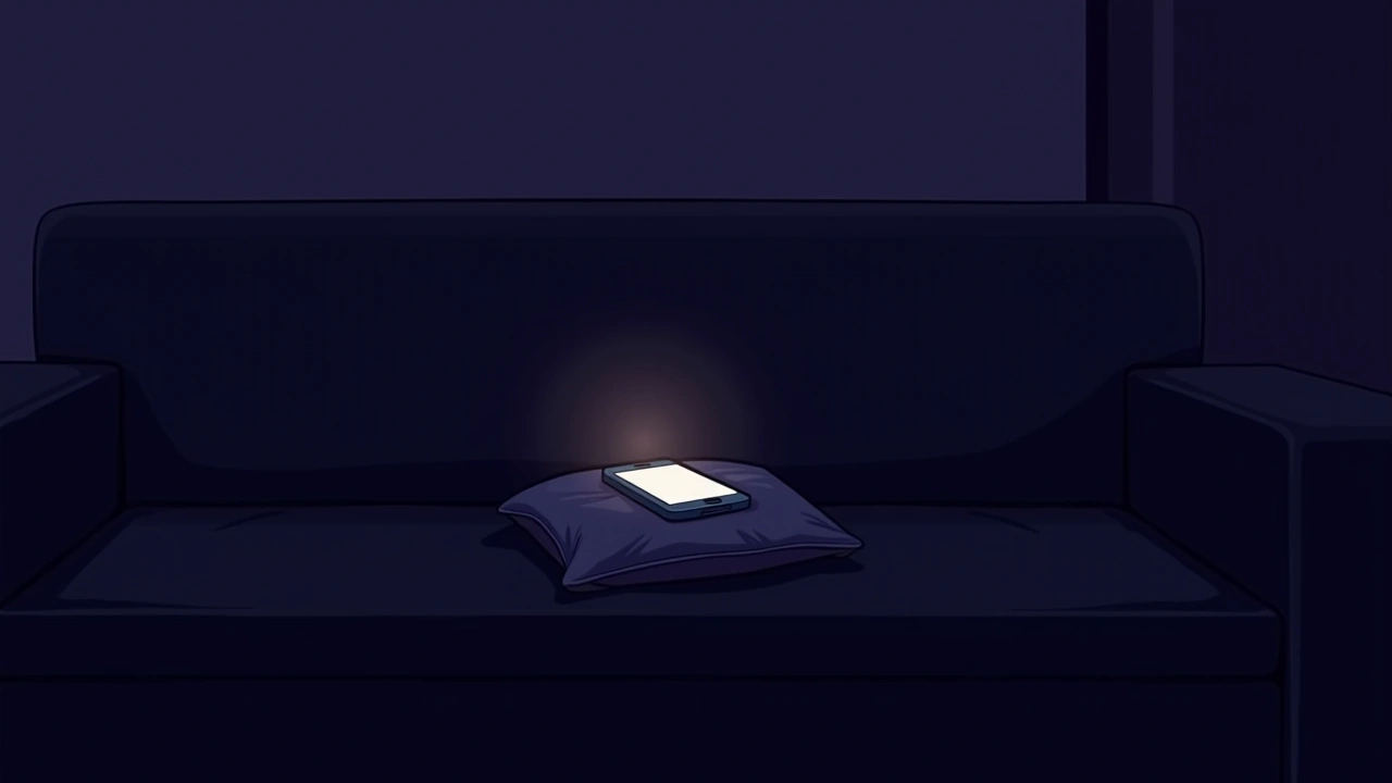 Illustration: a phone glowing on a dark couch cushion, a chill in the air.