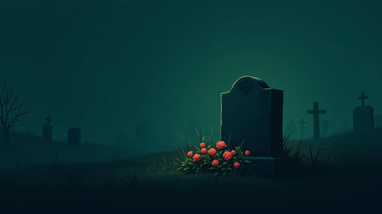 Illustration: A quiet cemetery at dawn, fresh flowers laid against a weathered gravestone.