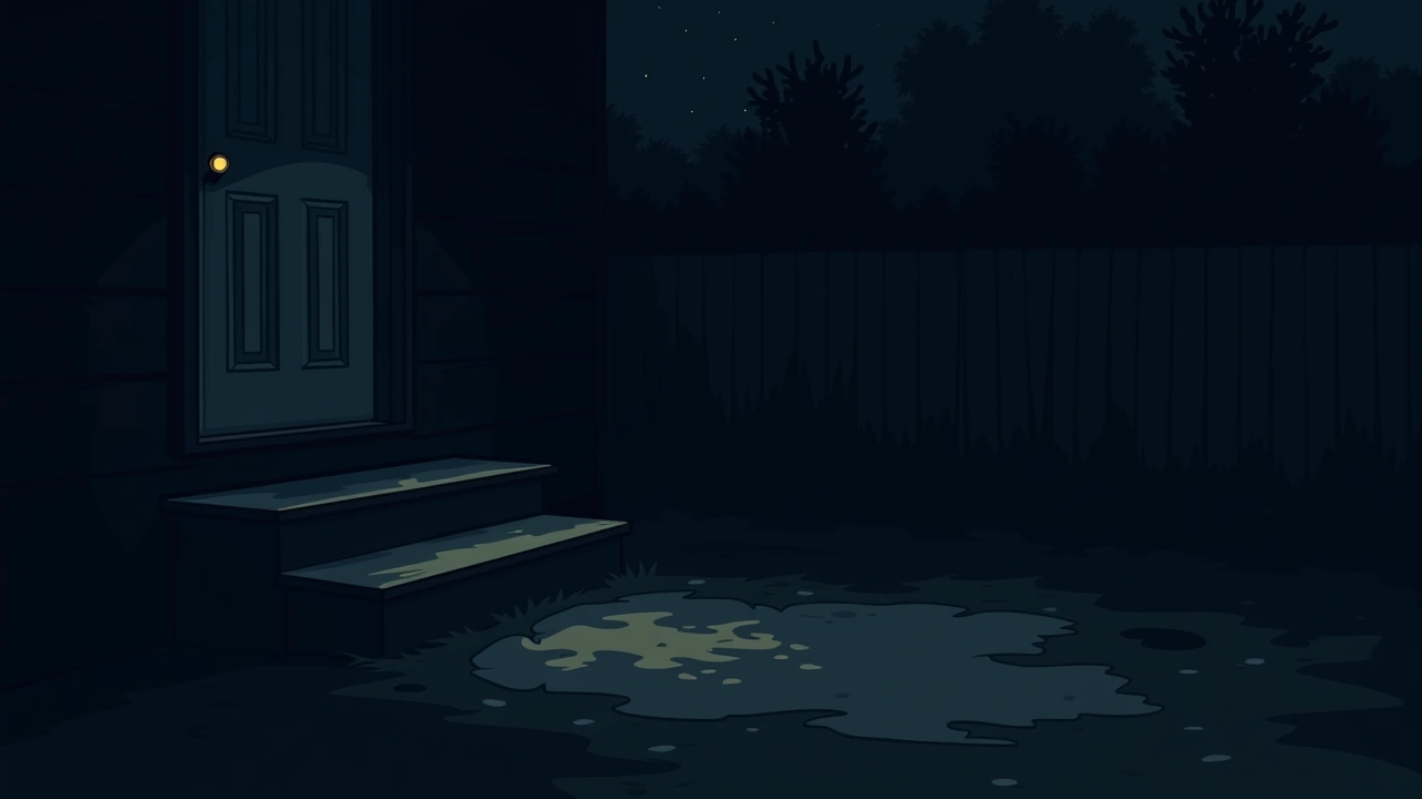 Illustration: a dark backyard at night, wet mud shining beside the porch steps.