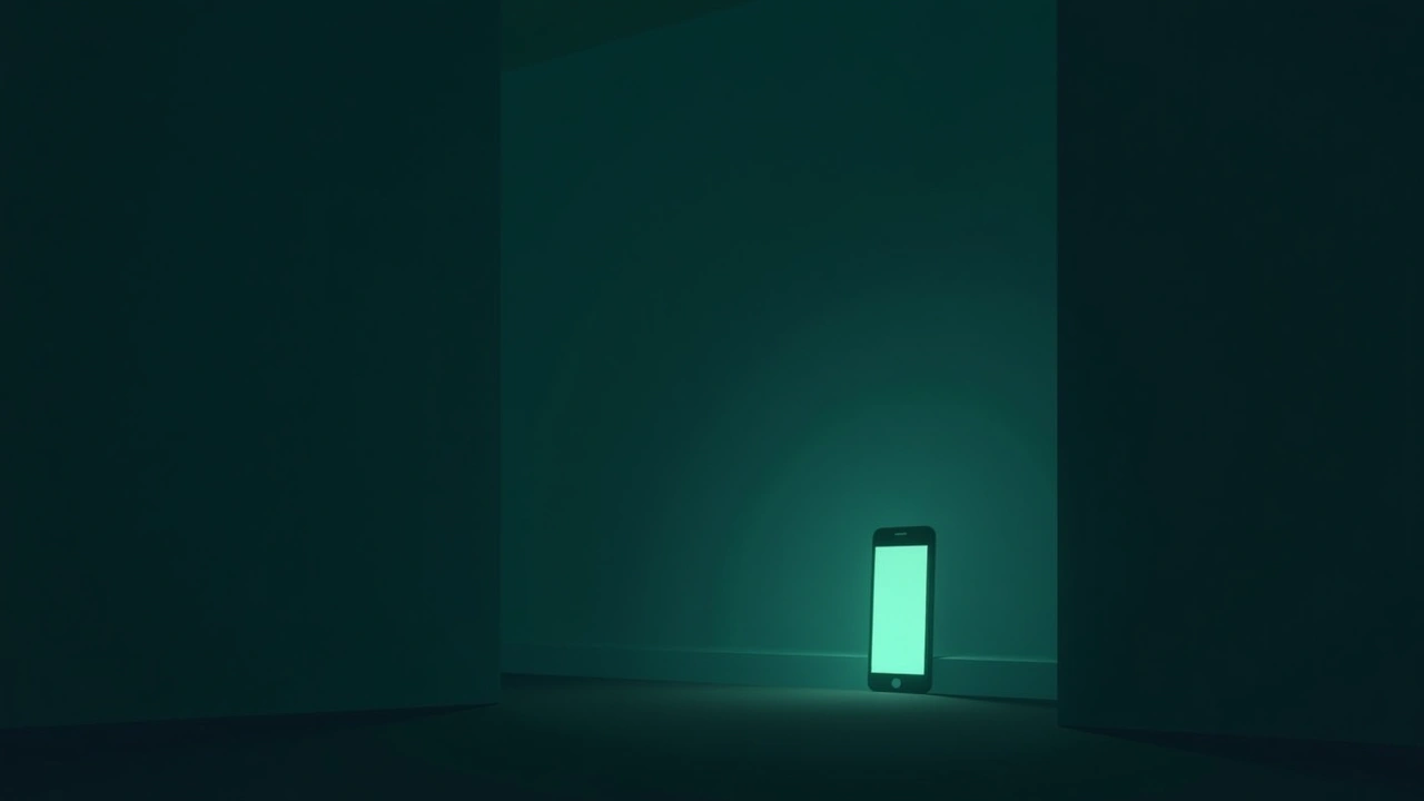 Illustration: a phone screen glowing alone in a dark, silent room.