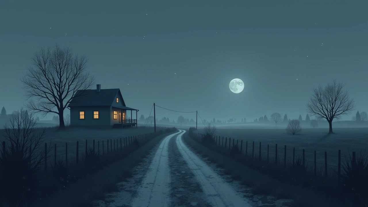Illustration: a rural village at night under a cold, clear sky, a house with lit windows in the distance.