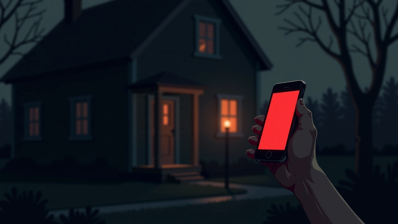 Illustration: a phone screen glowing red held near a house at dusk, faint mist curling near the porch light.