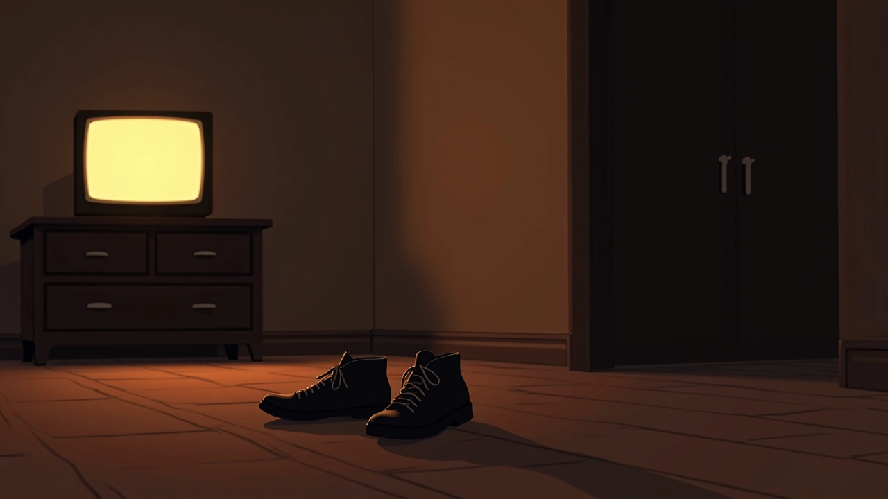 Illustration: a pair of shoes on the floor in a dimly lit room, a TV glowing in the background.