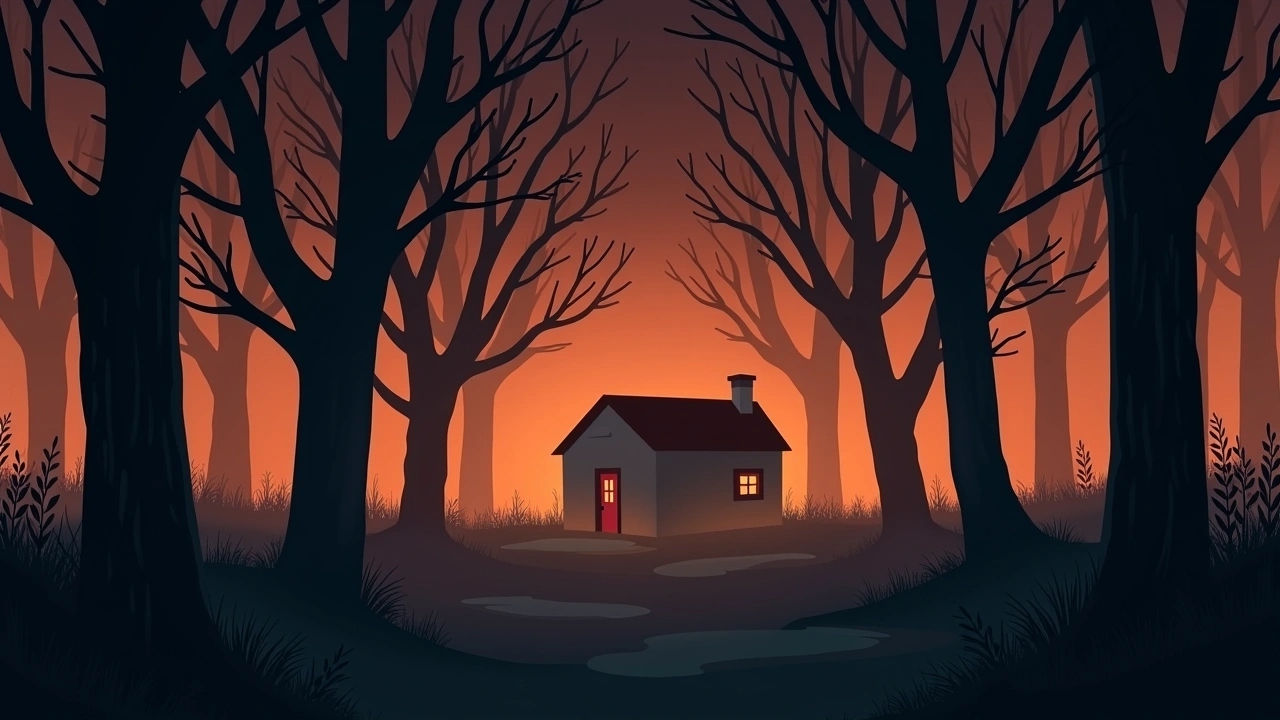 Illustration: A dark tree line at night behind a house, a faint mist drifting between the trunks.