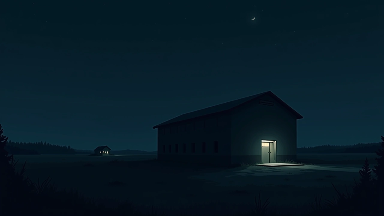 Illustration: an abandoned military base building at night, a faint glow from a phone screen nearby.