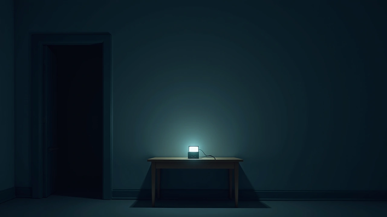 Illustration: a paranormal detector glowing on a table in a dark, empty room.