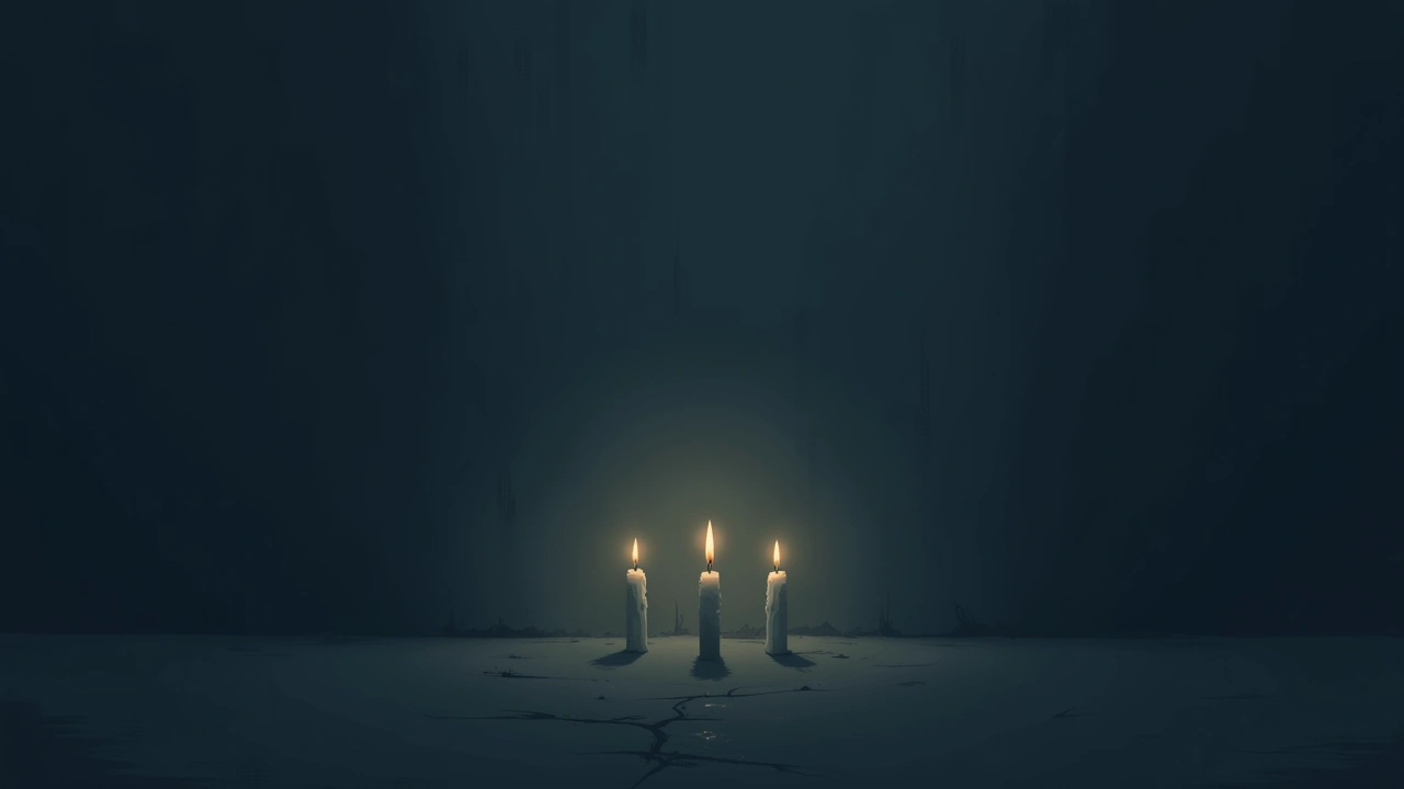 Illustration: Three faint candle flames flickering in a dark, quiet room.