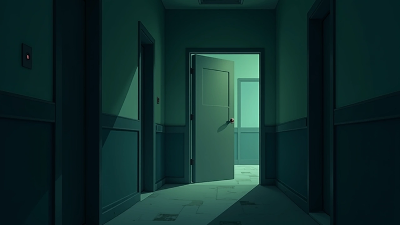 Illustration: a shuttered old psychiatric hospital corridor at night, lit only by a flashlight beam.
