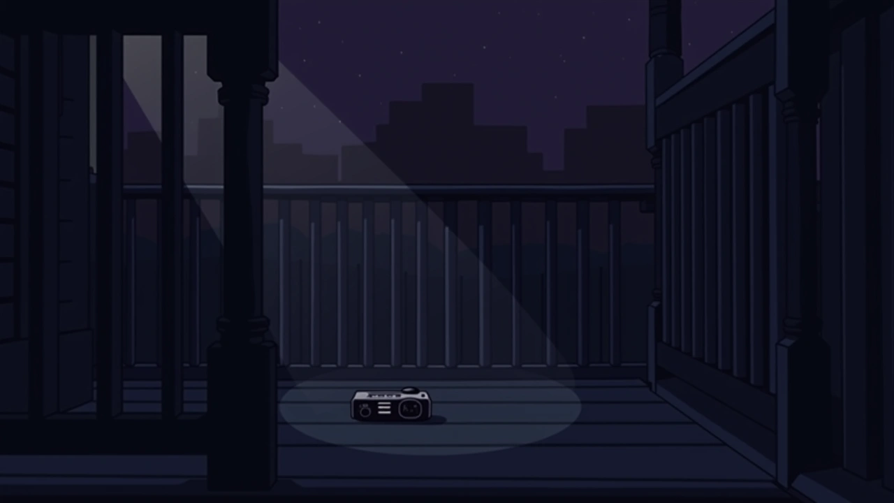 Illustration: A quiet porch at night with a small handheld radio device resting on the railing.