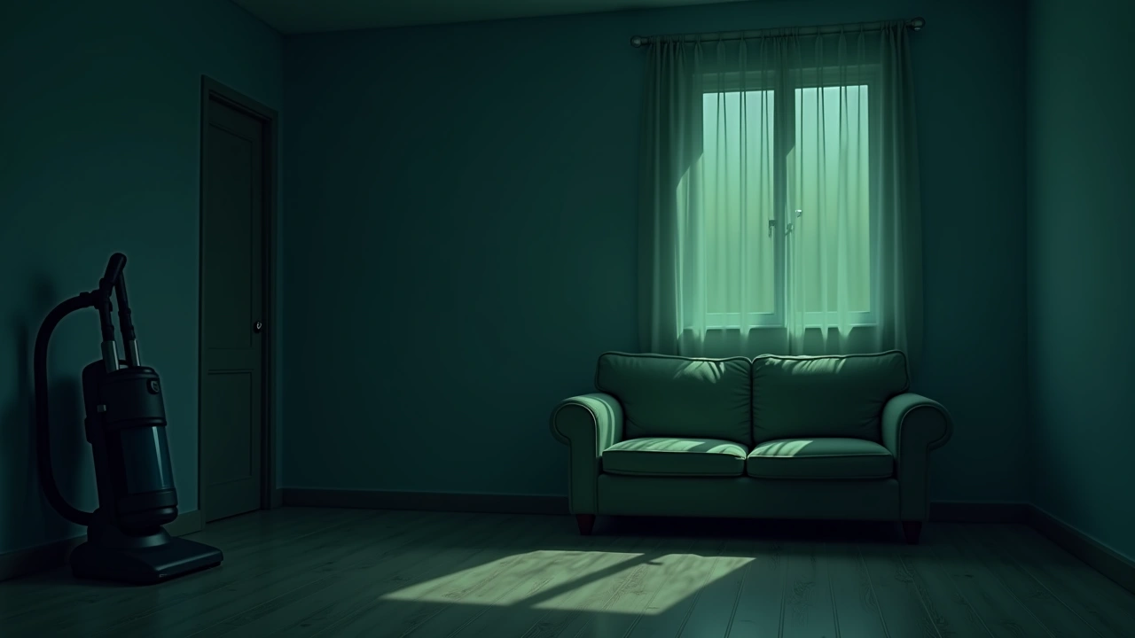 Illustration: a living room couch beside a vacuum cleaner in soft daylight.