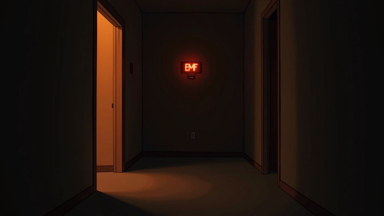 Illustration: an EMF meter glowing in a dark hallway landing at night.