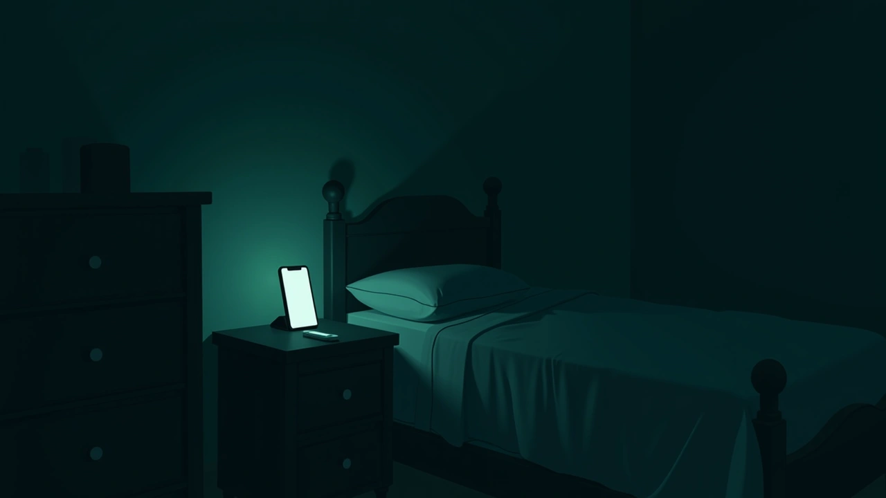 Illustration: a nightstand beside a bed in a dim bedroom at night, a phone screen glowing faintly.