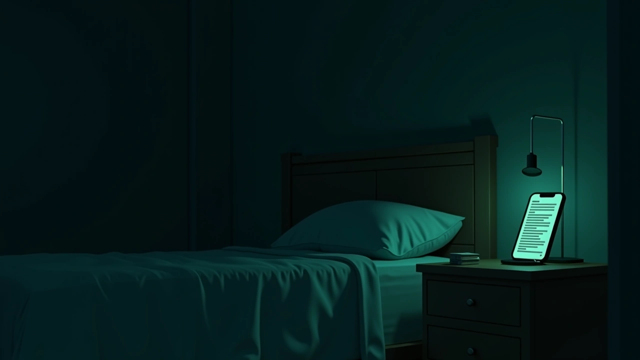 Illustration: A phone screen glowing with scrolling text notes on a nightstand in a dark bedroom.