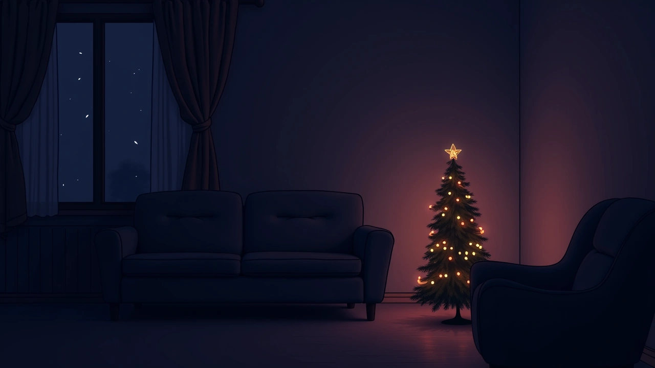 Illustration: a lit Christmas decoration in a dim living room at night.