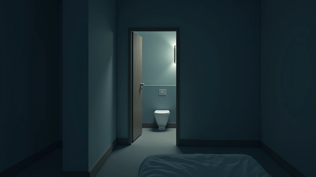Illustration: a dim bedroom at night with a hallway leading past a bathroom door.
