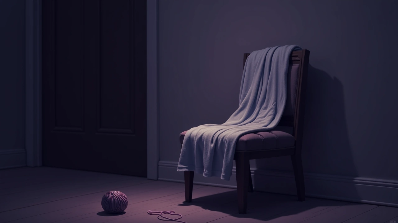 Illustration: A partly finished baby blanket and a ball of yarn resting on a chair in a quiet room.