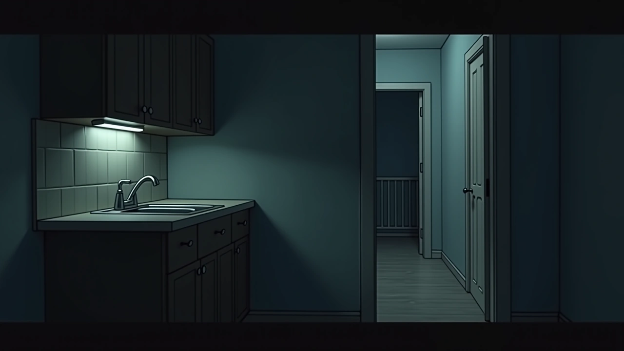 Illustration: a dim home kitchen counter at night, glimpsed alongside a small home worship room through an open doorway.