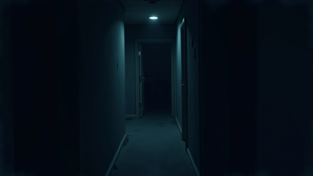 Illustration: an old apartment building hallway in Seattle, dim light, over a century old.