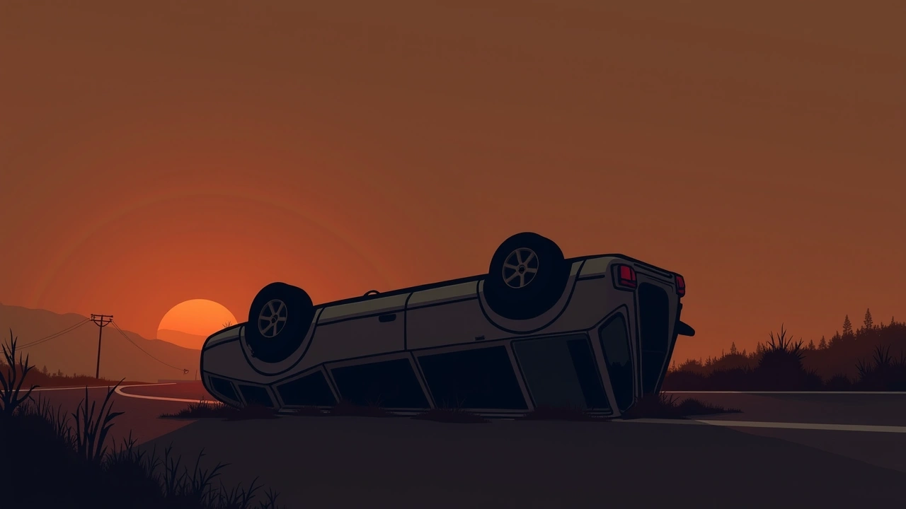 Illustration: a wrecked car overturned on a roadside at dusk after a rollover accident.