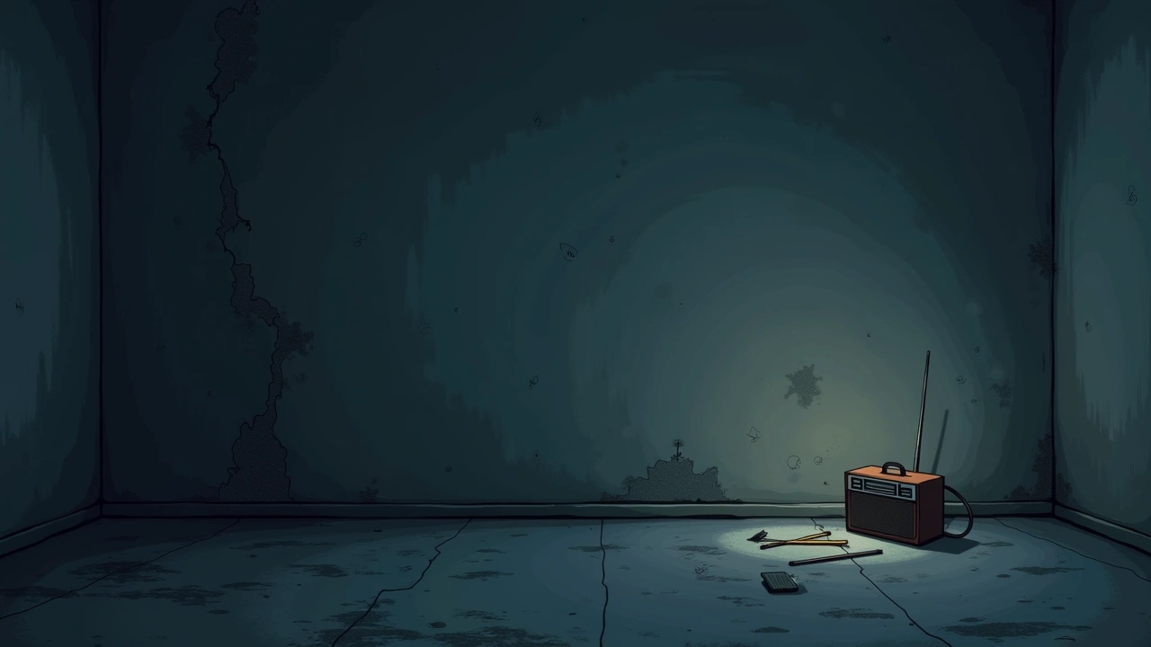 Illustration: a half-finished mural on a wall, paint brushes resting nearby, a radio glowing softly.