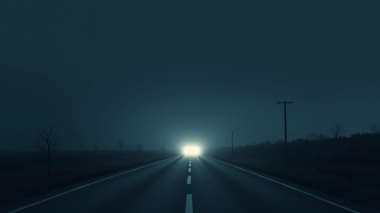 Illustration: a lonely stretch of road at night lit only by headlights.