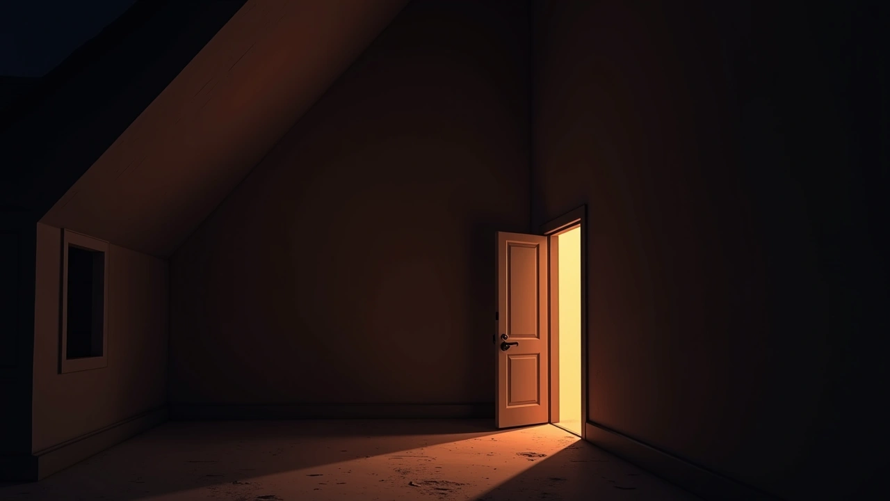 Illustration: a dark, empty attic space above a quiet house at night.