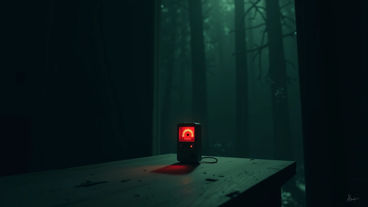 Illustration: an EMF meter with its needle glowing red in a dim room.