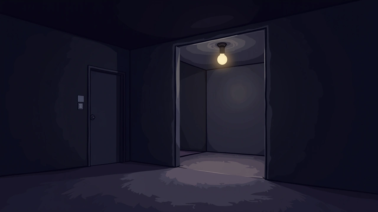 Illustration: A dark unfinished basement with a single bare bulb casting long shadows.