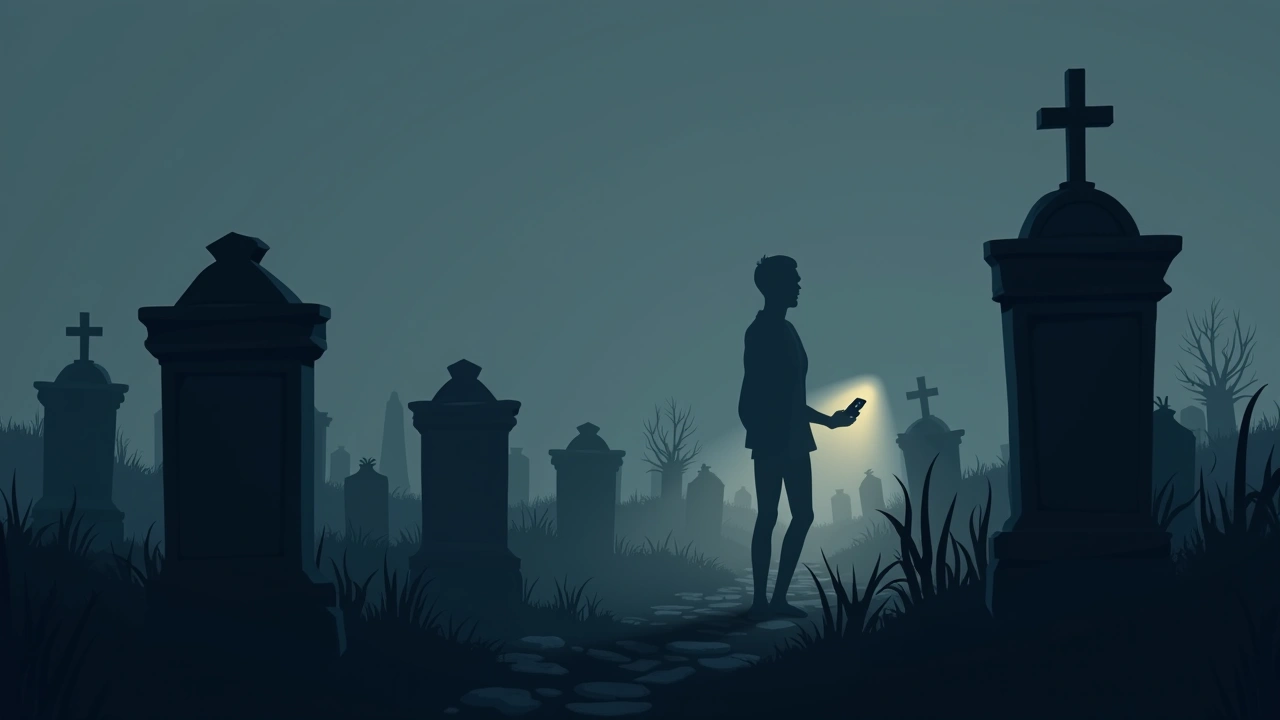 Illustration: A quiet cemetery at dusk, a small handheld device glowing among old gravestones.