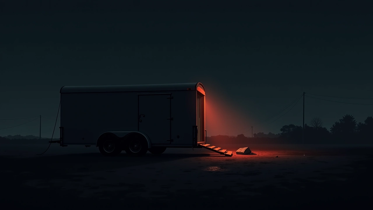 Illustration: a work site trailer at dusk with a piece of debris fallen nearby, a red warning glow in the air.