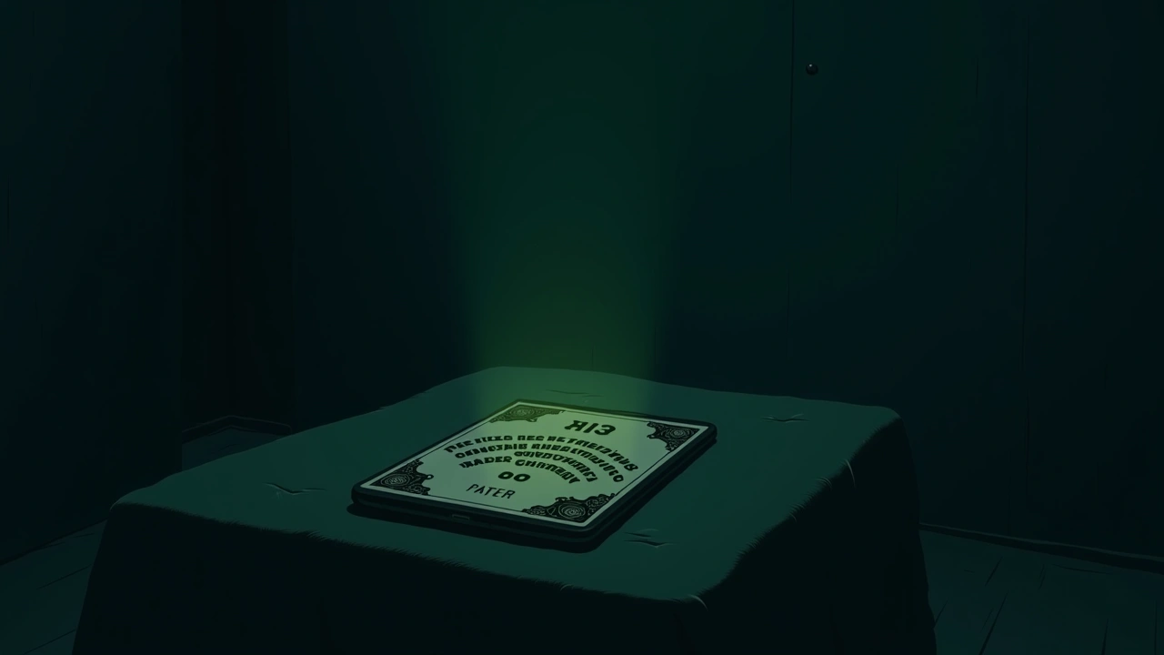 Illustration: a smartphone screen flashing a glowing word in a dim room, beside a ouija board.