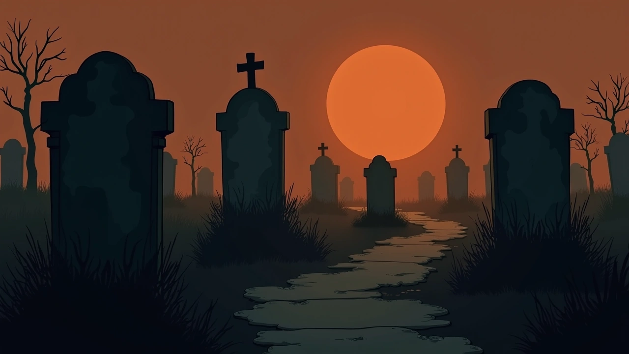 Illustration: weathered gravestones in a quiet cemetery at dusk.
