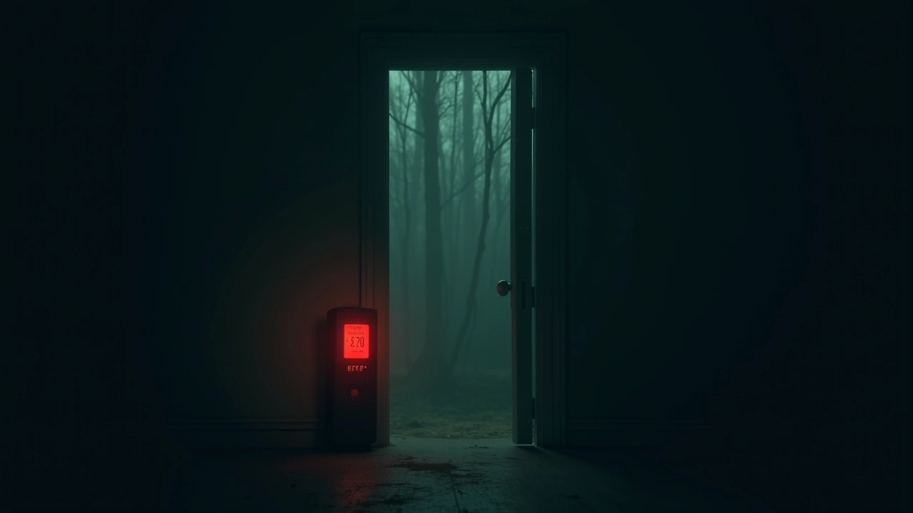 Illustration: A handheld EMF meter glowing red in a dark room.